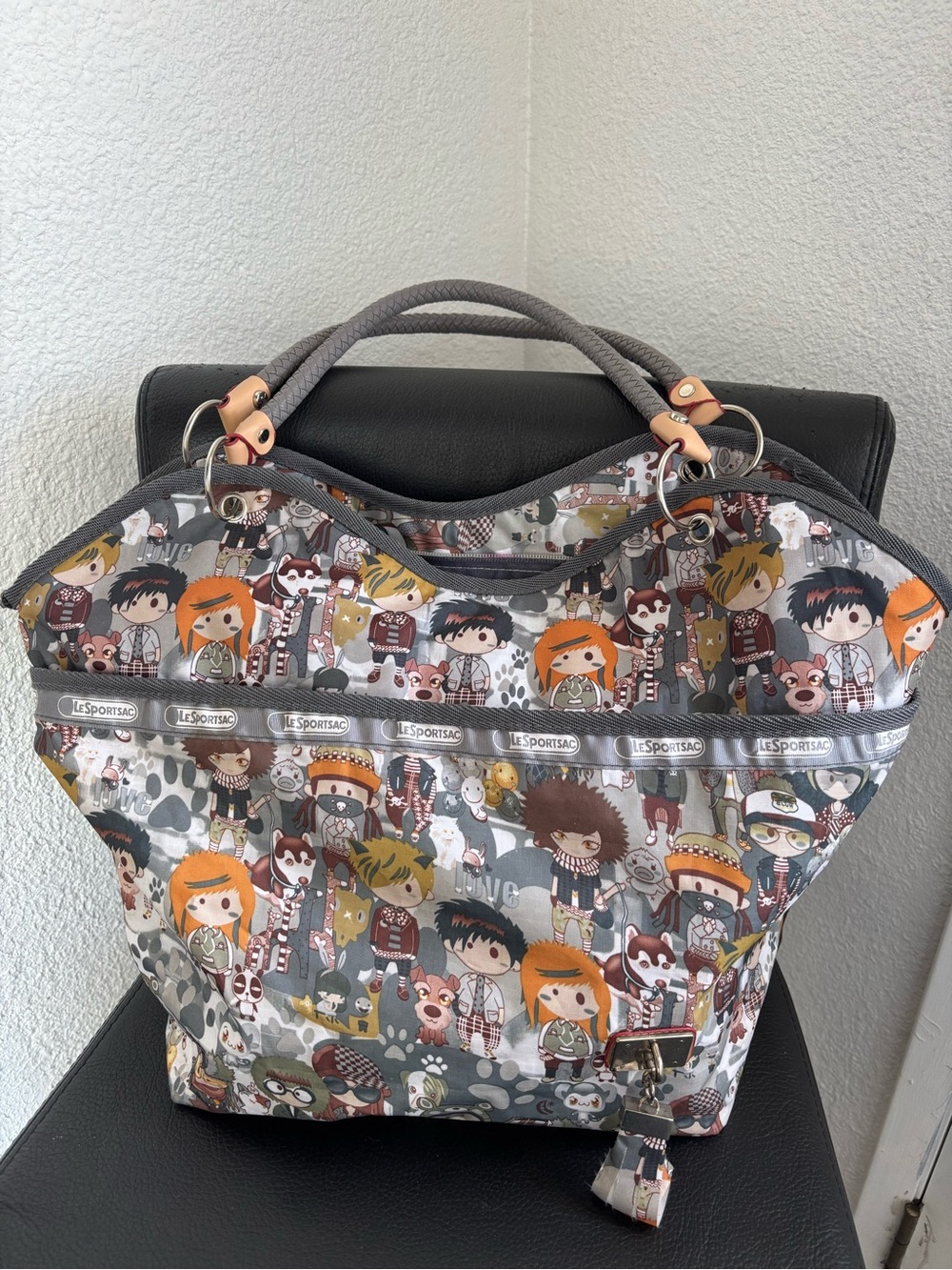 Lesportsac Gray Character Print Tote with Orange Accents